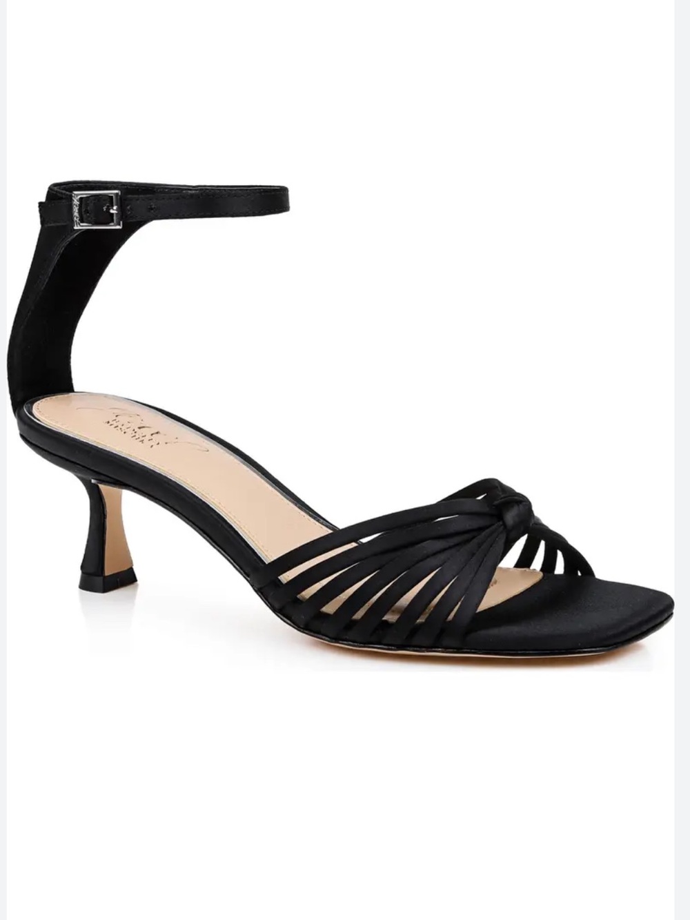 Jewel Badgley Mischka Black Satin Knotted Strappy Ankle‑Buckle Sandals